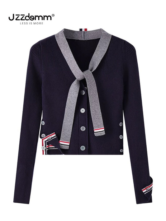 Jiuzhou Chengpin/JZZDEMM lace-up three-color stripes Korean style fashion temperament slim-fitting ribbed V-neck short cardigan for women