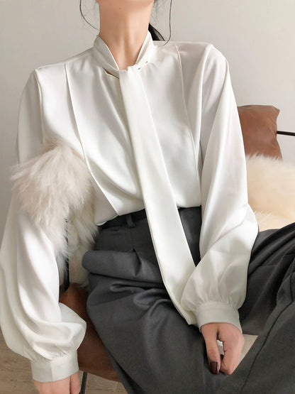 ACHU Elegant Bow White Chiffon Shirt Women's Lace-Up Workplace Commuting Shirt Professional French Formal Spring Wear