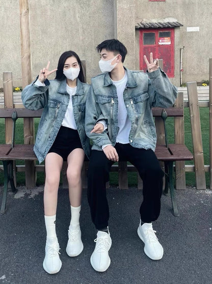 American style old denim jacket men's spring and autumn design sense loose high-level lapel casual couple jacket ins tide