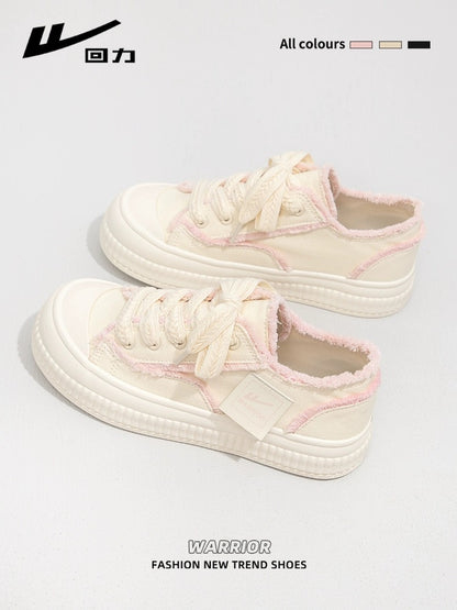 Pull back fairy pink canvas shoes for women 2024 spring new versatile white sneakers thick-soled sports and leisure shoes