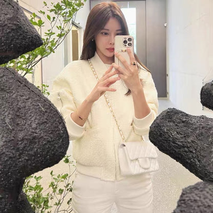Korean chic autumn and winter French niche stand-up collar solid color pocket design loose long-sleeved tweed short coat for women