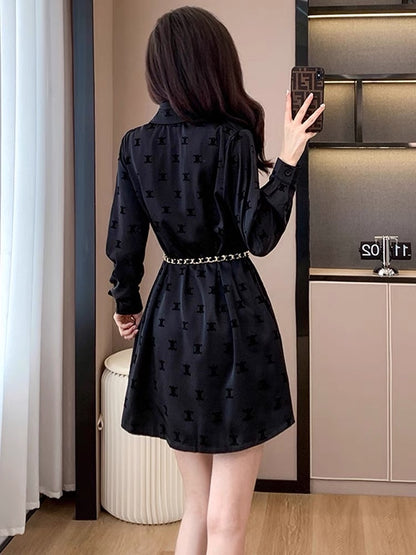 Fashionable and high-end dress 2023 autumn new long-sleeved black printed design mid-length skirt slim fit D5597