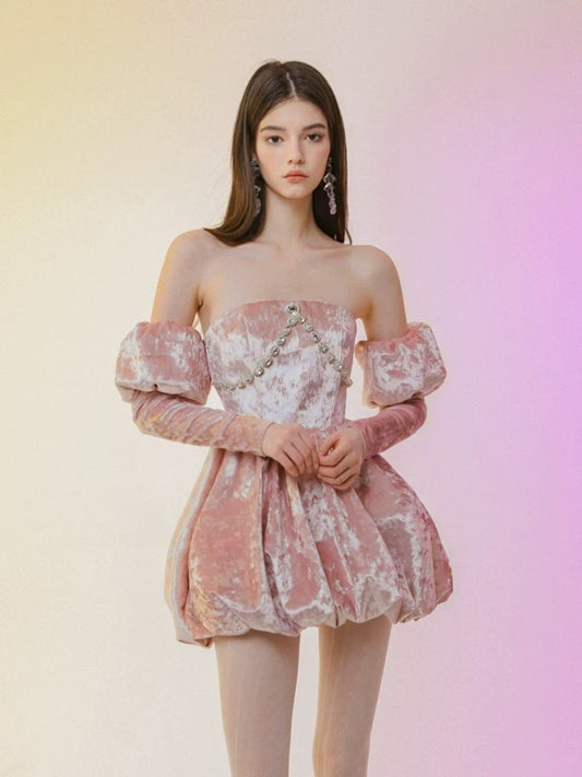 Bloomin original pink velvet tube top dress small dress temperament high-end dress birthday party