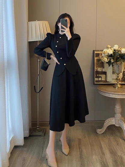 Xiaoxiang style temperament two-piece suit women's autumn clothes new foreign style French retro Hepburn style black dress long skirt