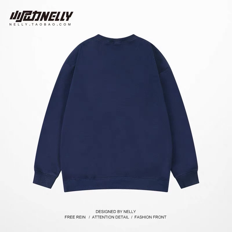 ins national trend round neck sweatshirt men's autumn and winter trendy brand design long-sleeved t-shirt plus velvet youth clothes bf style