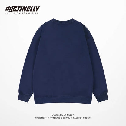 ins national trend round neck sweatshirt men's autumn and winter trendy brand design long-sleeved t-shirt plus velvet youth clothes bf style
