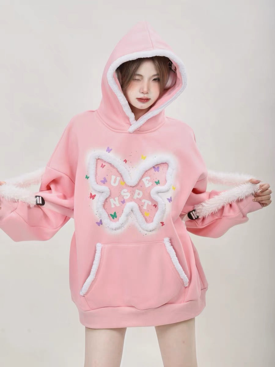 American oversize niche hooded butterfly pink sweatshirt for women plus velvet and thickened 2023 new top for small people A3348