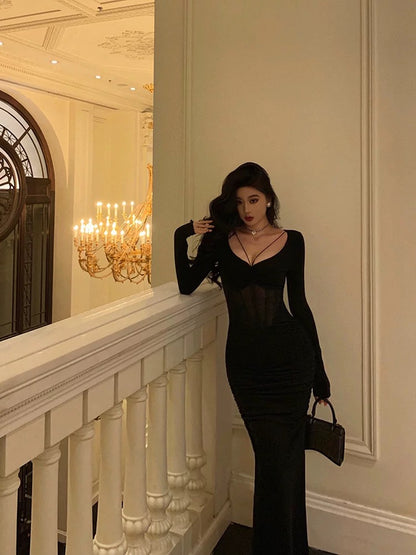 Godfrey Pure Desire Black Fishbone Dress Women's 2023 Autumn and Winter New Niche Waist Slit Cover Hip Long Skirt