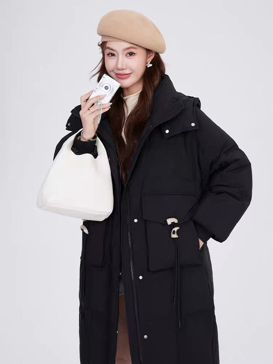 Volstagg black over-the-knee down jacket winter women's 2023 new mid-length Korean style hooded bread jacket