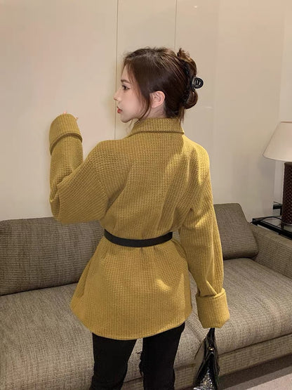 2023 new autumn woolen jacket design, waisted and loose, Korean style chic fashionable lady tops for women