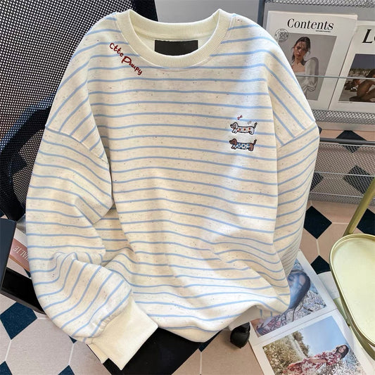 Milk fufu blue striped angel puppy sweater coat women's autumn and winter gentle Japanese style thick hooded knitted cardigan
