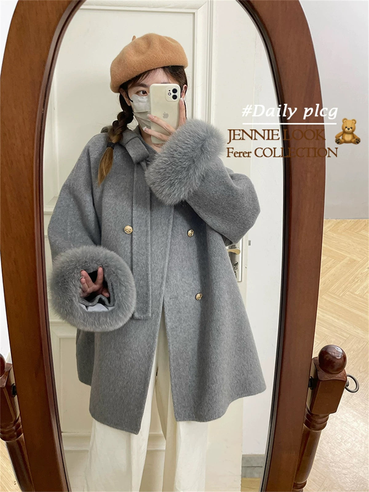 "Girl's Promise" Cape woolen coat female gold button bow double-sided cashmere coat A482