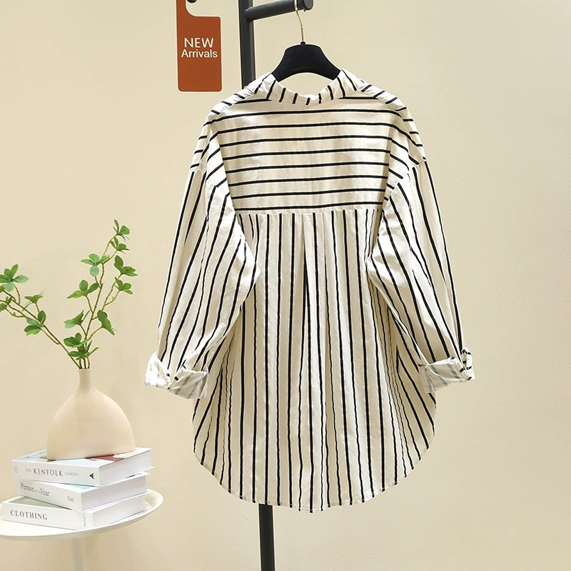 High-end mid-length black striped shirt for women 2024 spring new Korean loose design shirt tops