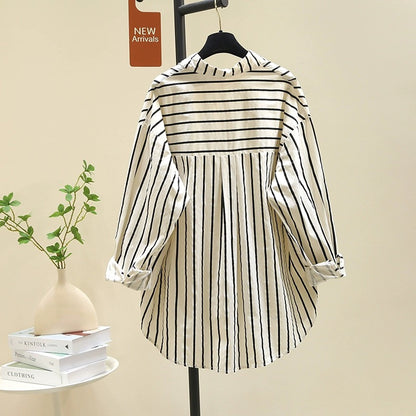 High-end mid-length black striped shirt for women 2024 spring new Korean loose design shirt tops