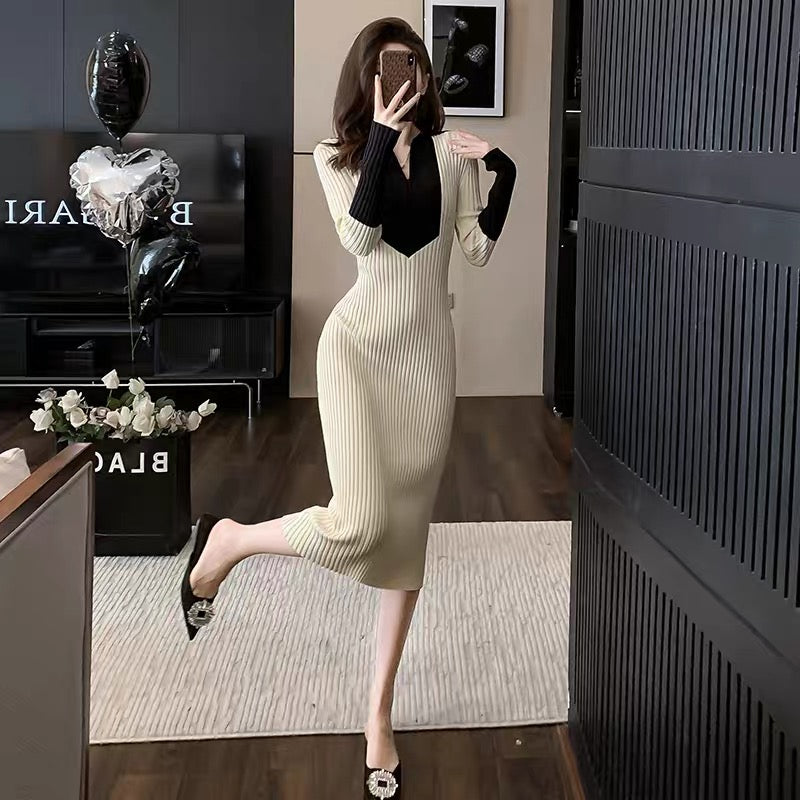 Mid-length inner-layered high-end and elegant French-style small fragrance style color-blocked knitted dress for women in autumn and winter sweater skirt
