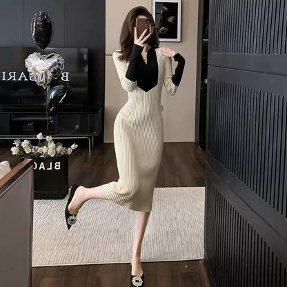 Mid-length inner-layered high-end and elegant French-style small fragrance style color-blocked knitted dress for women in autumn and winter sweater skirt