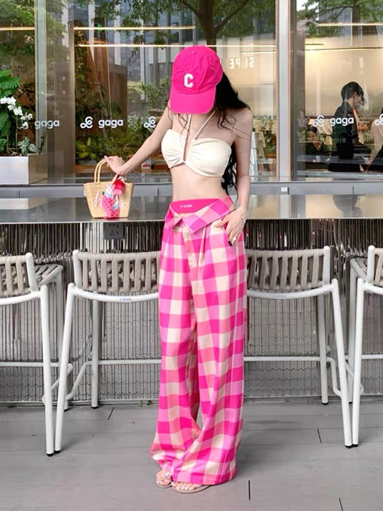 Seaside wear sexy hot girl tube top halter neck camisole suit female plaid wide-leg casual trousers two-piece set