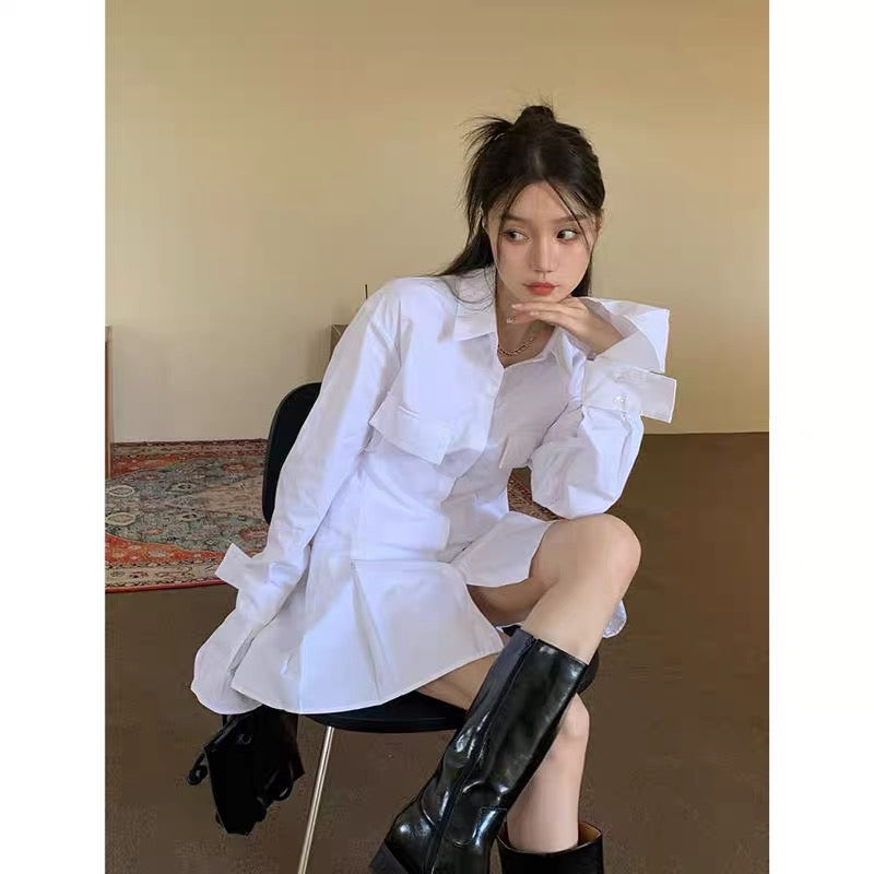 Polo collar shirt dress women's autumn 2023 new design sense niche waist slimming white long-sleeved skirt