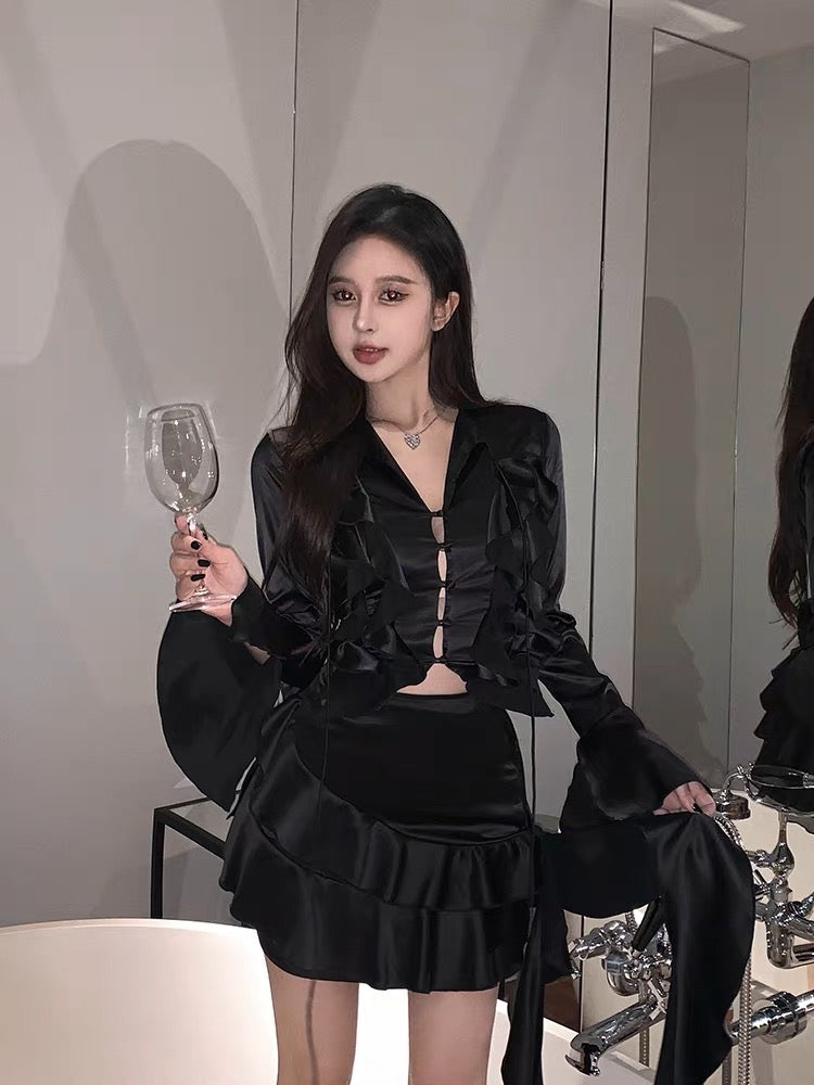 High-cold Royal Sister Style Suit for Women Autumn Ruffled Air Quality Top Hot Girl Looks Slim and Covers Hips Short Skirt Two-piece Set