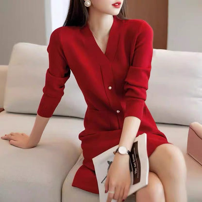 European station autumn and winter new style elegant and capable knitted mid-length foreign-style home-in-the-year toast dress dress