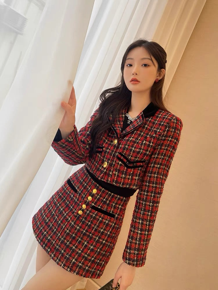 Red plaid small fragrance suit for women in autumn and winter new style ladylike high-end skirt and jacket with two-piece set (B2418)