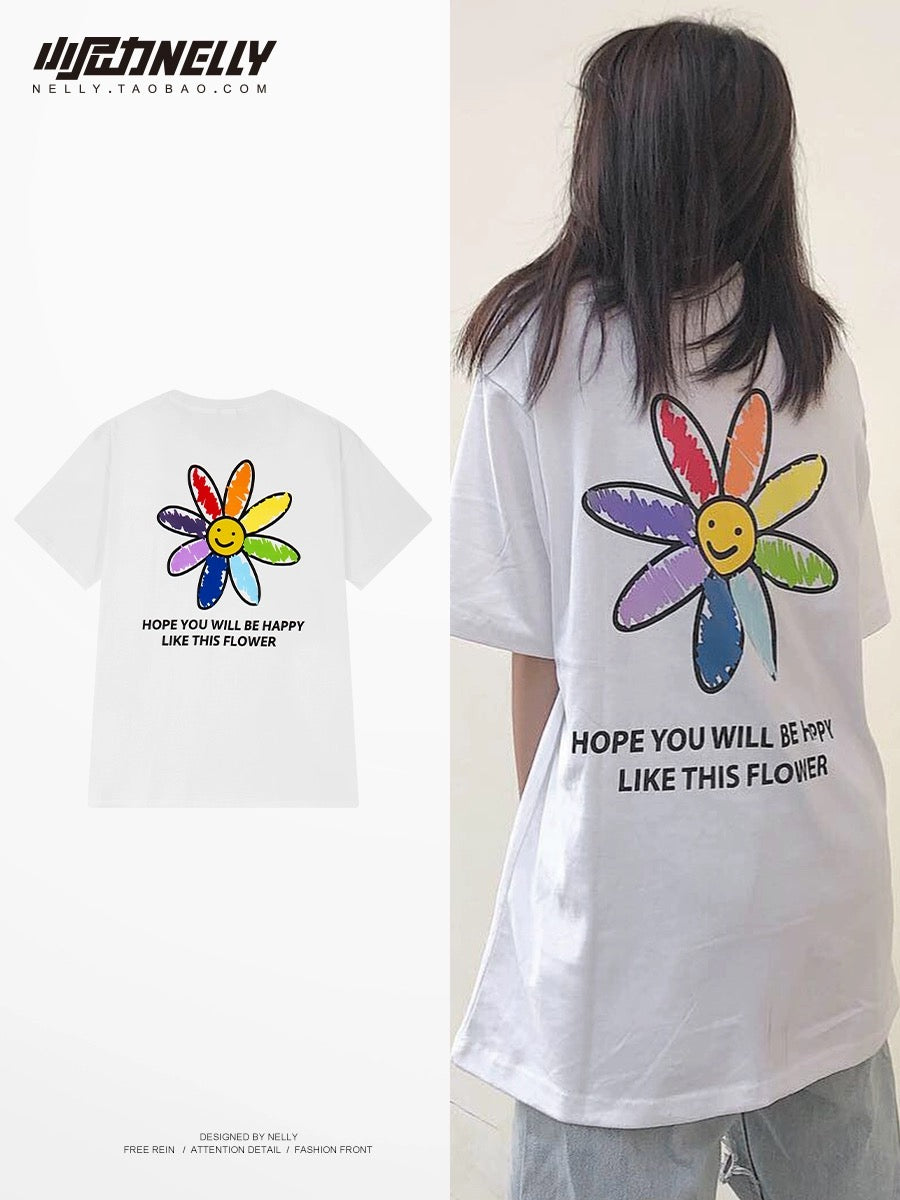 Summer new rainbow smiley sun print short-sleeved T-shirt for men and women 2024 loose couple trendy super hot T-shirt