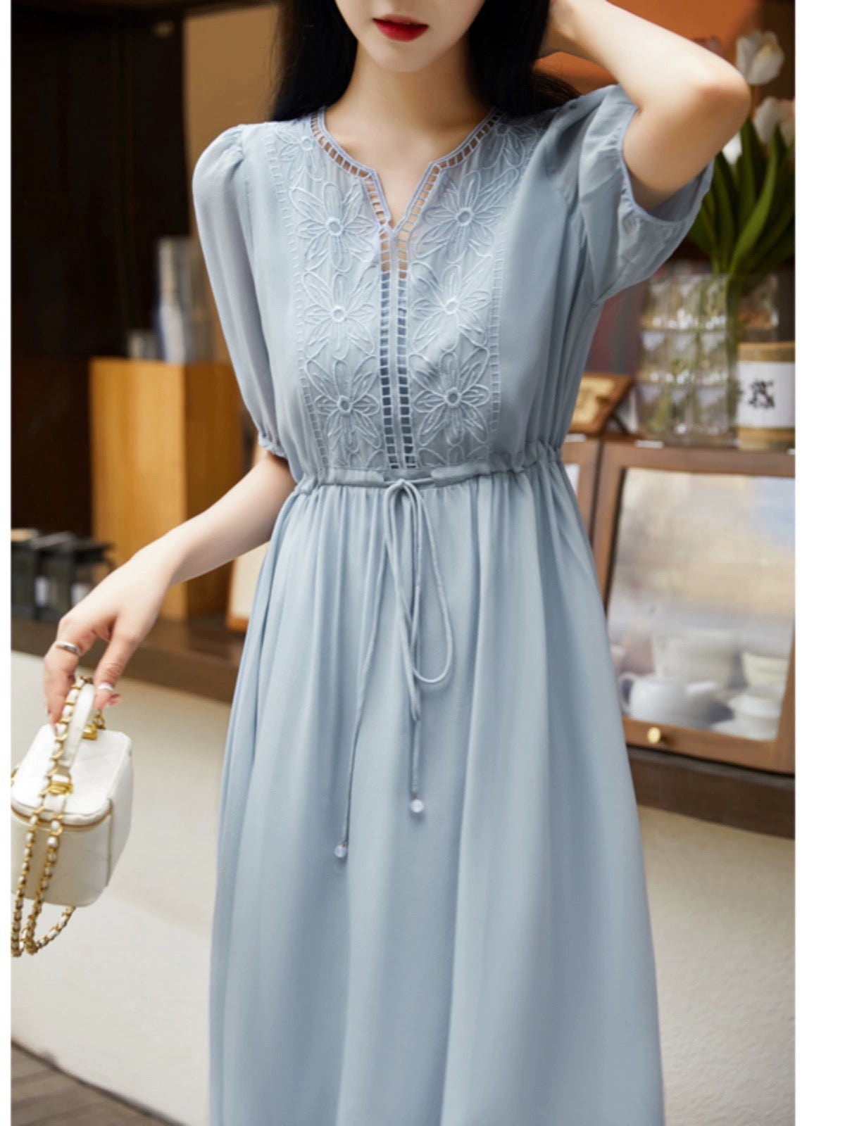 White embroidery elegant high-end mulberry silk silk georgette dress luxury temperament new style western-style skirt female