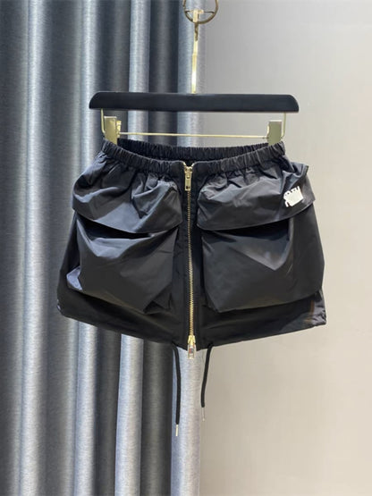 American thin section large pocket zipper tooling skirt women's summer elastic waist casual drawstring age-reducing A-line skirt