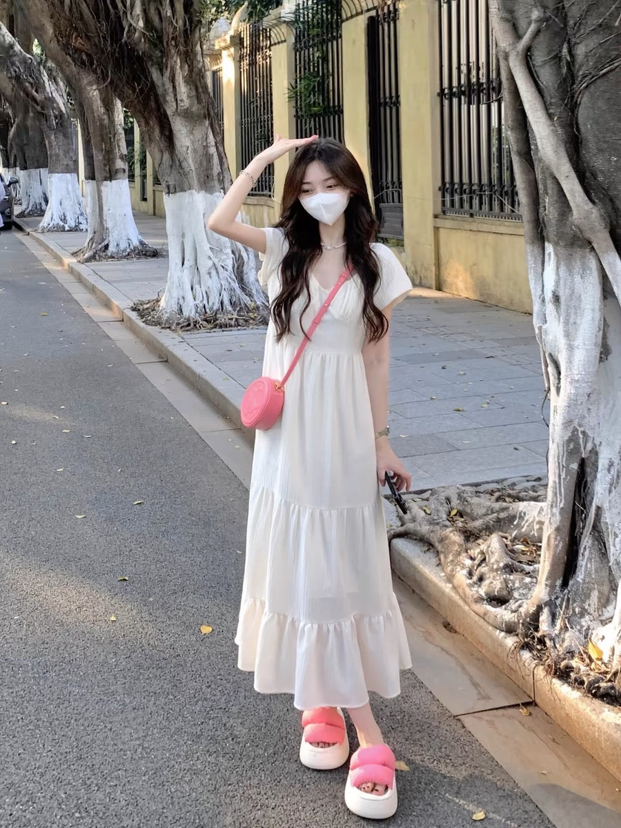 Plus size women's puff sleeve V-neck pleated dress women's 2024 summer new design loose and slim long skirt D249