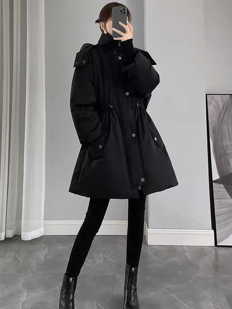 Black Down Jacket Women's Mid-Length 2023 New Winter Waist Slimming Pie Overcome White Duck Down Hooded Jacket