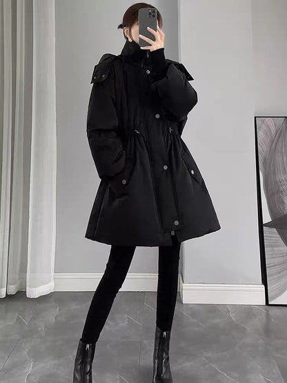 Black Down Jacket Women's Mid-Length 2023 New Winter Waist Slimming Pie Overcome White Duck Down Hooded Jacket