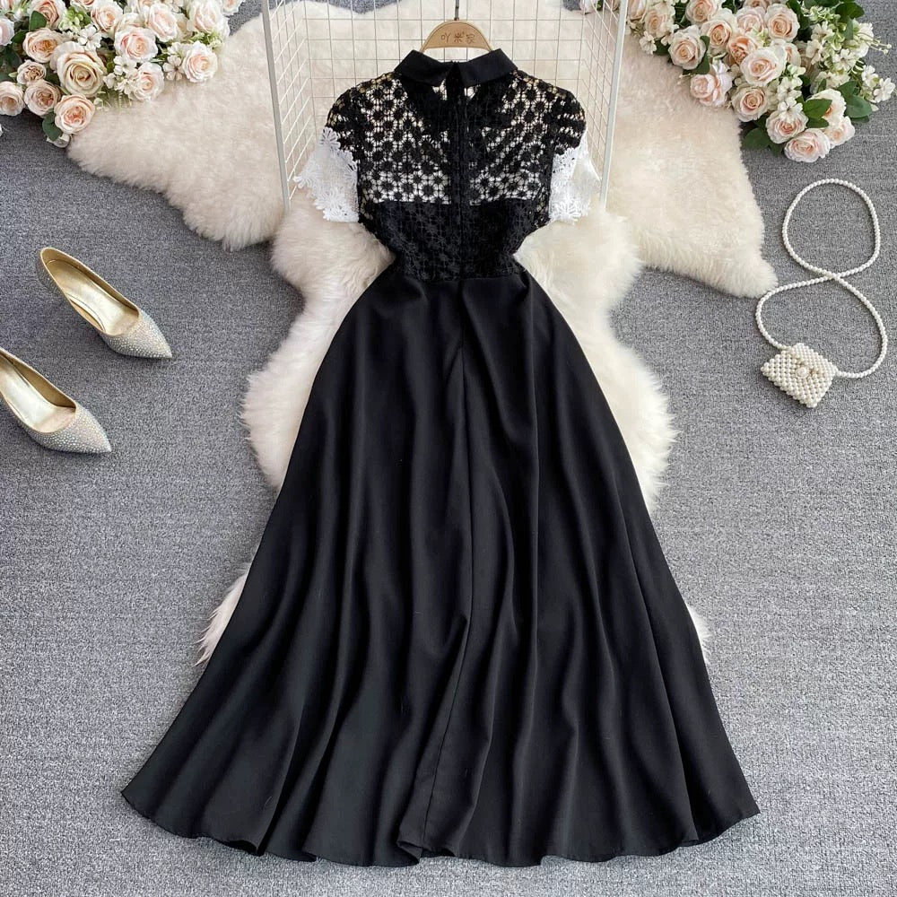 European catwalk style lapel lace patchwork waist a-line dress celebri Lee Nhi Boutique European catwalk style lapel lace patchwork waist a-line dress celebri Lee Nhi Boutique