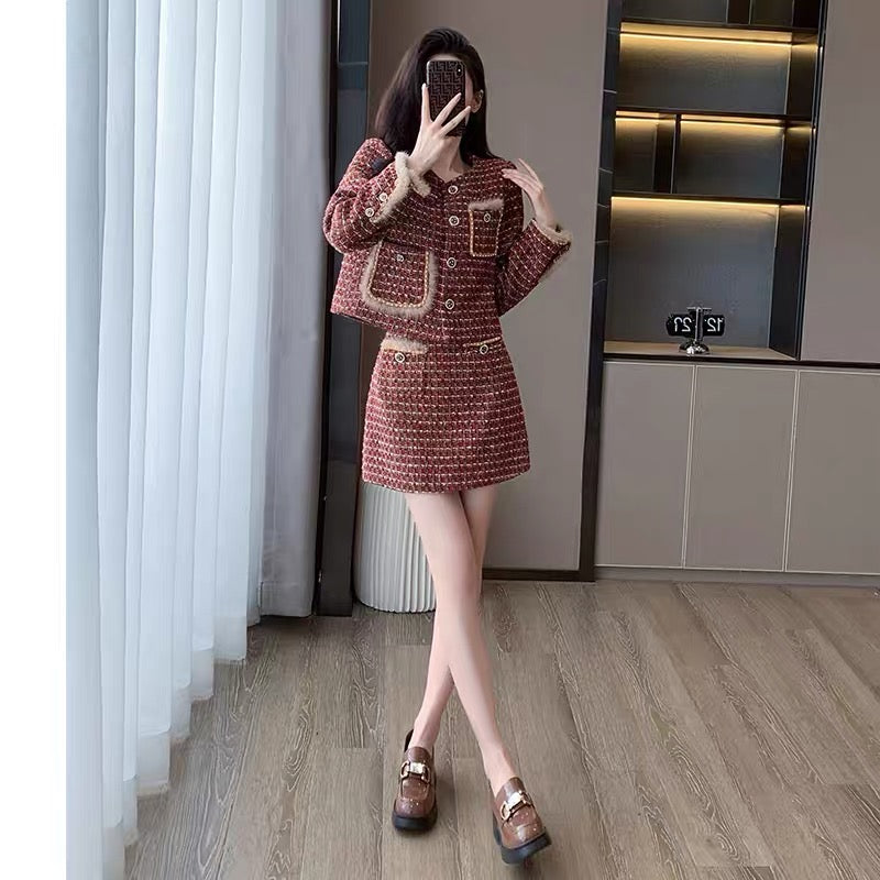 2023 new women's fashion suit, small fragrance, light luxury, high-end, foreign style, age-reducing skirt, two-piece autumn set