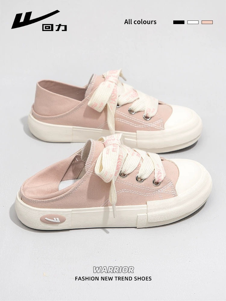 Pull back women's shoes canvas shoes women's 2024 spring new sneakers and half slippers one-legged lazy white shoes