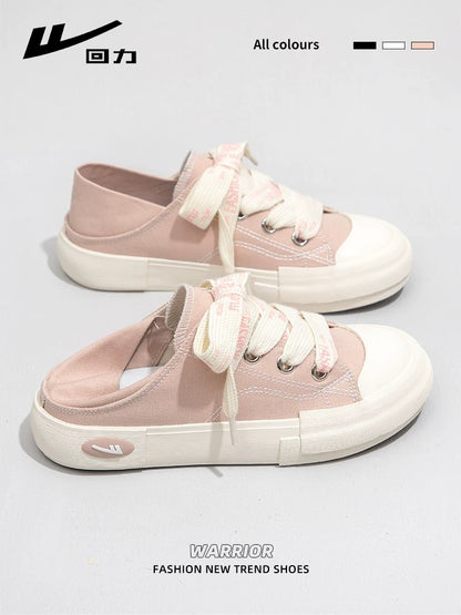 Pull back women's shoes canvas shoes women's 2024 spring new sneakers and half slippers one-legged lazy white shoes