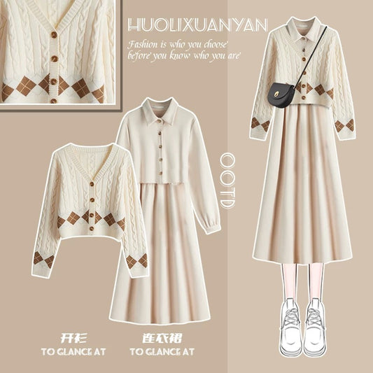 Small long-sleeved shirt dress for women in autumn and winter 2023 new knitted sweater and French long skirt