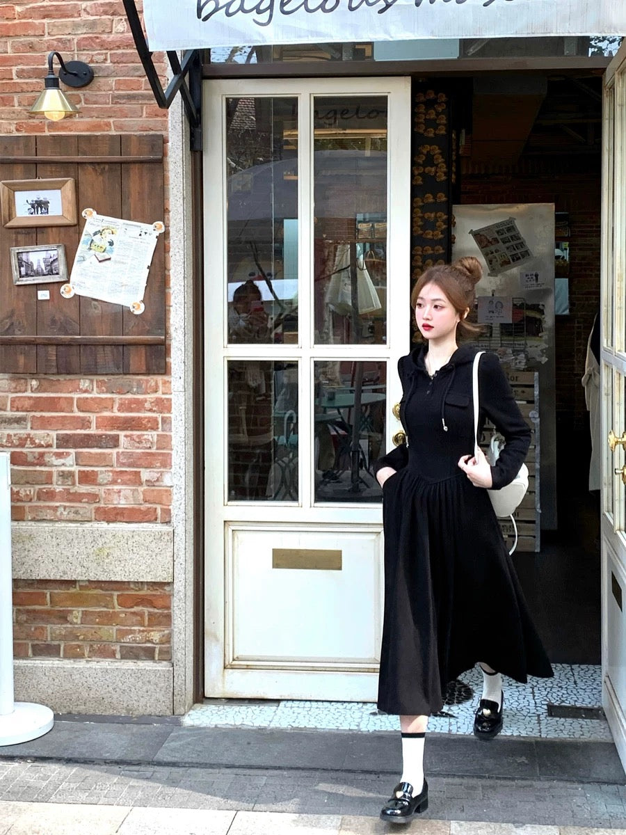 Q Girl's Korean Style/Hooded Knitted Little Black Dress Long Skirt Bla Lee Nhi Boutique Q Girl's Korean Style/Hooded Knitted Little Black Dress Long Skirt Bla Lee Nhi Boutique