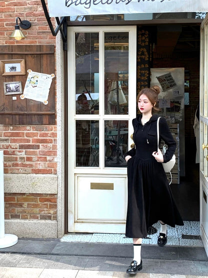 Q Girl’s Korean Style/Hooded Knitted Little Black Dress Long Skirt Black College Style Winter Slim Fit