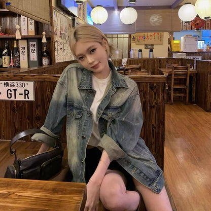 Good Morning Fanfan boyfriend style distressed frayed denim jacket for women autumn thin loose slim Korean style lazy style top (J234)