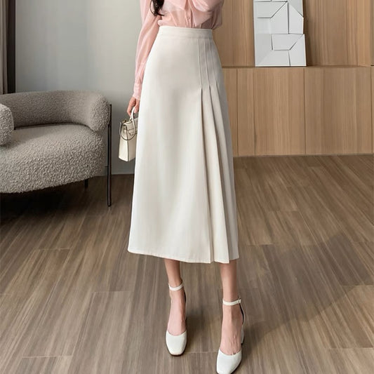 American retro temperament pleated skirt for women autumn and winter A-line hip skirt suit mid-length high-waist slim long skirt