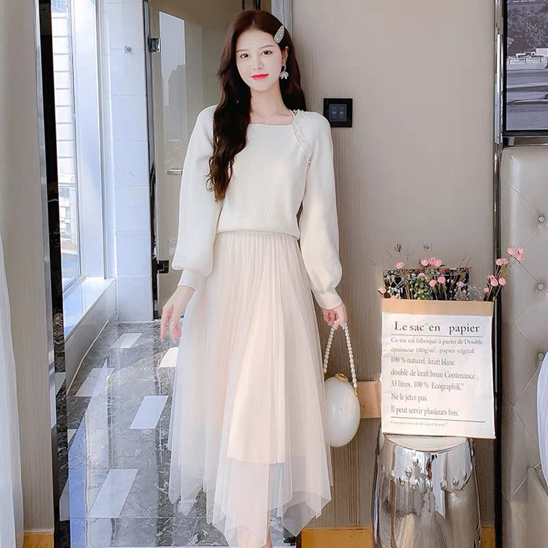 lolita with coat knitted dress women's autumn and winter new temperament goddess style sweater mesh skirt two-piece set