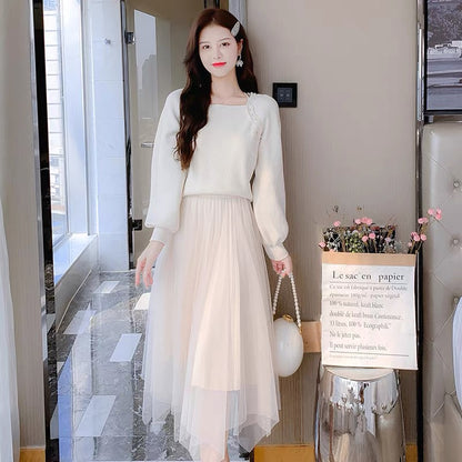 lolita with coat knitted dress women's autumn and winter new temperament goddess style sweater mesh skirt two-piece set
