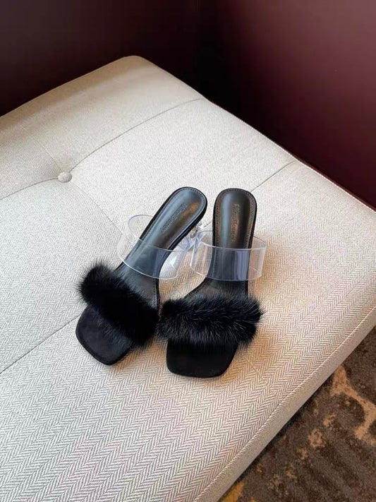 Transparent sandals for women 2023 summer new Korean style fashion mink fur one-shaped medium heel thick heel slippers women's outerwear