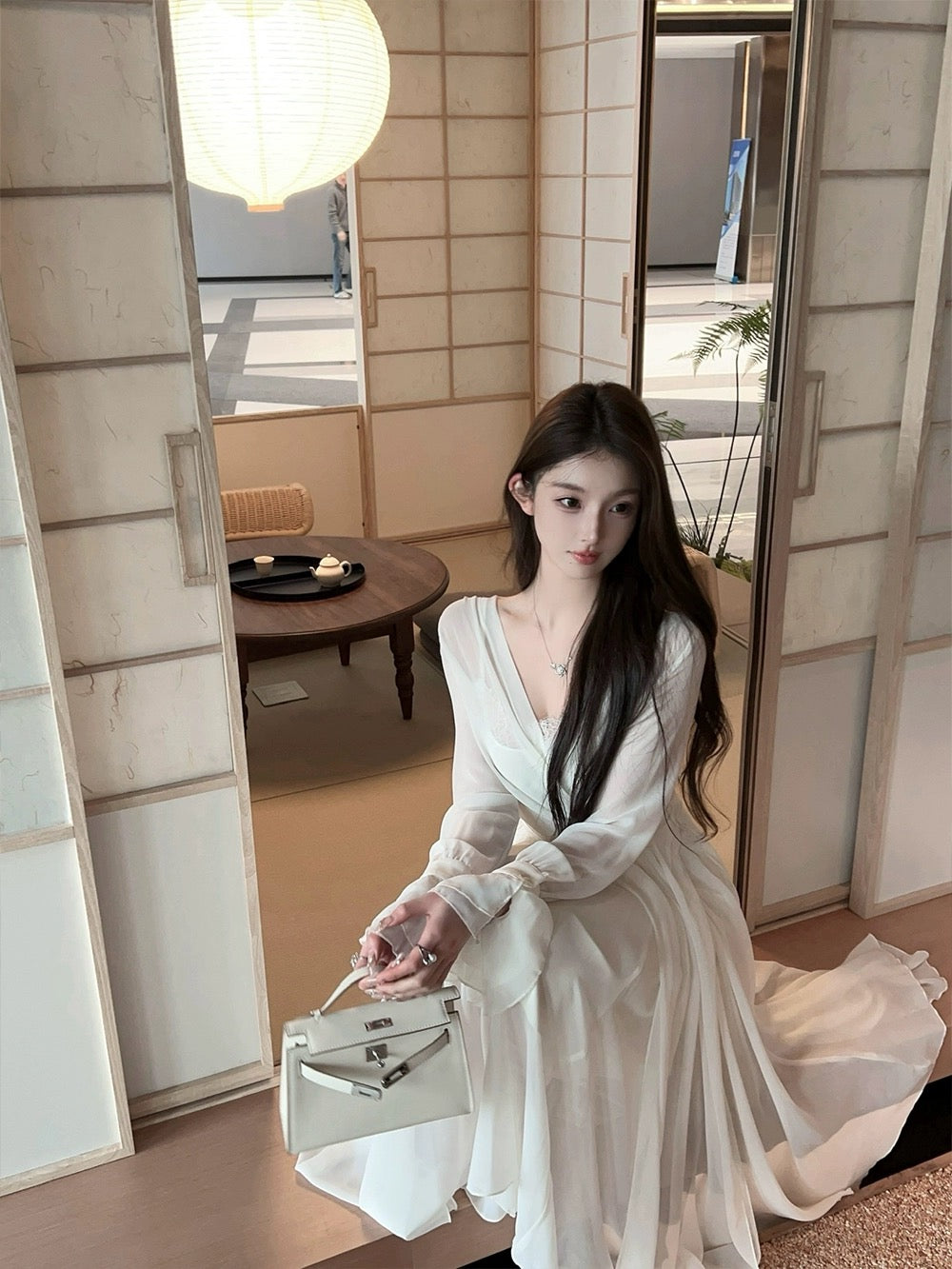 FairyJiang spring fake two-piece white chiffon dress with lace trim and bell sleeves, large skirt and waist skirt