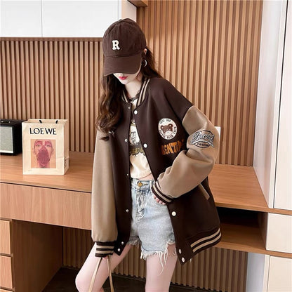 Western style age-reducing design baseball uniform cardigan jacket for women 2023 autumn new loose and versatile Korean style jacket (J0241)