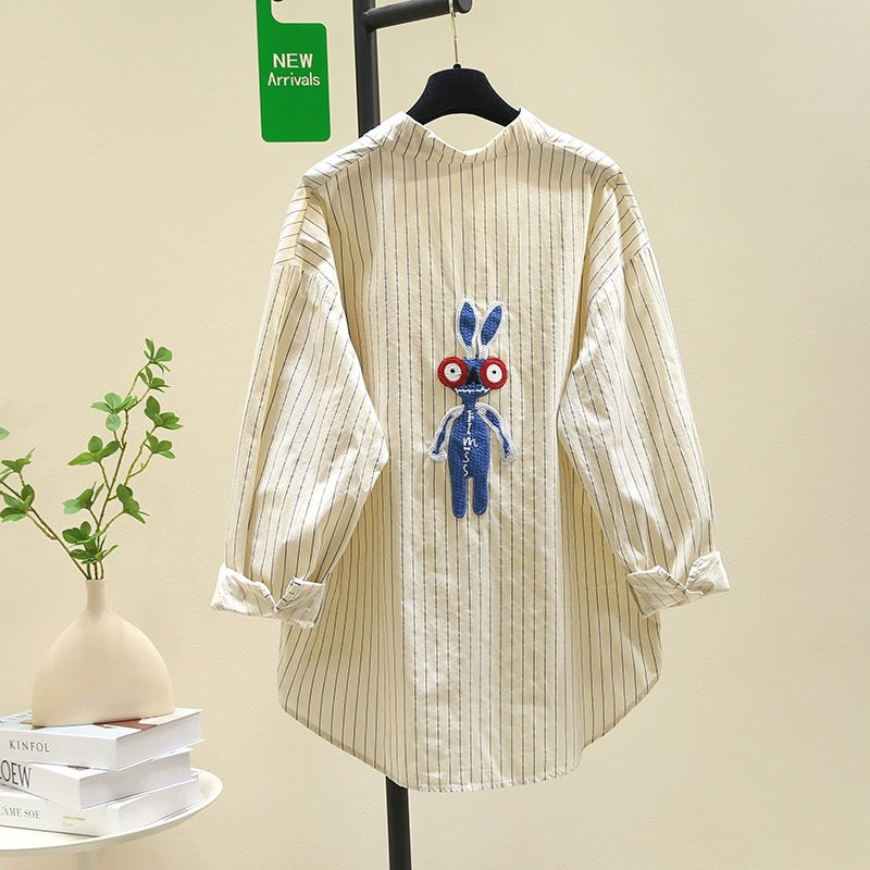 Design sense age-reducing blue striped shirt for women 2024 spring new style literary style loose casual shirt tops