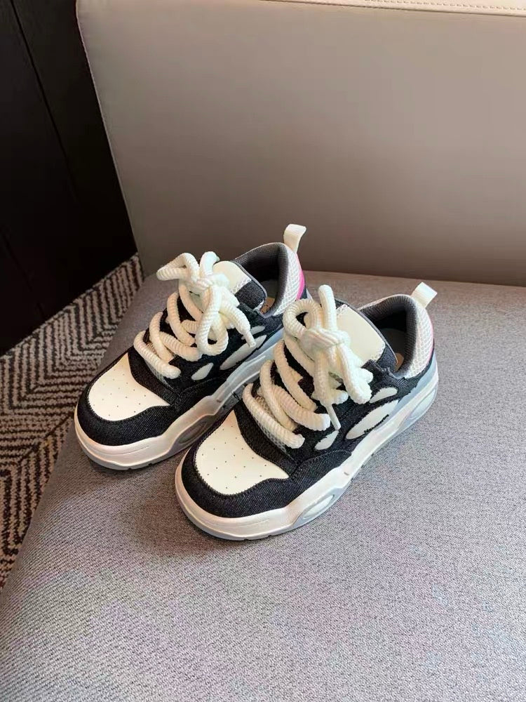 Casual women's sports shoes 2023 autumn new college style versatile denim stitching genuine leather lace-up thick-soled sneakers