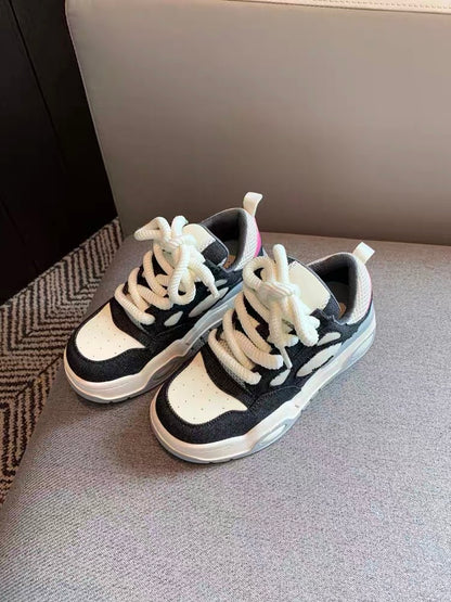 Casual women's sports shoes 2023 autumn new college style versatile denim stitching genuine leather lace-up thick-soled sneakers