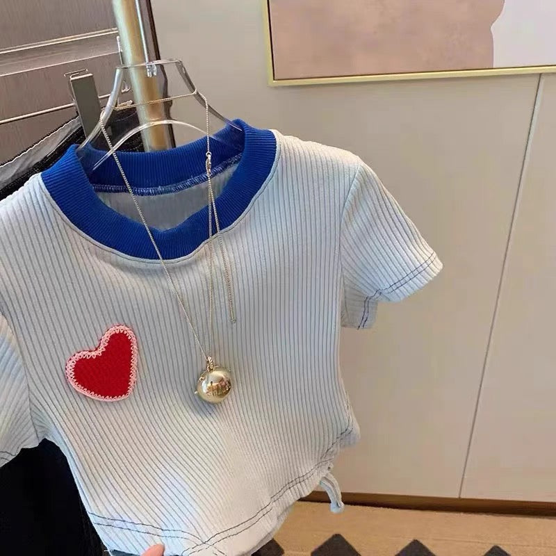 Korean style small fresh knitted round neck love thorn cloth printed hollow short T-shirt women's summer new slim top (A124)