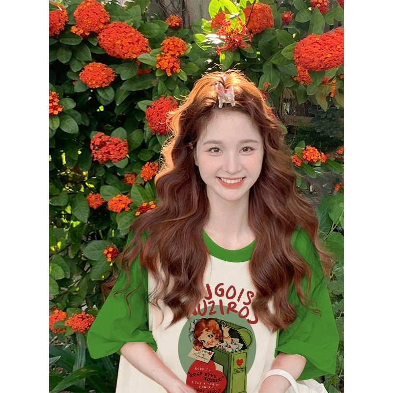 Raglan short-sleeved T-shirt for women in summer dopamine wear design niche cute sweet art raw milk good top